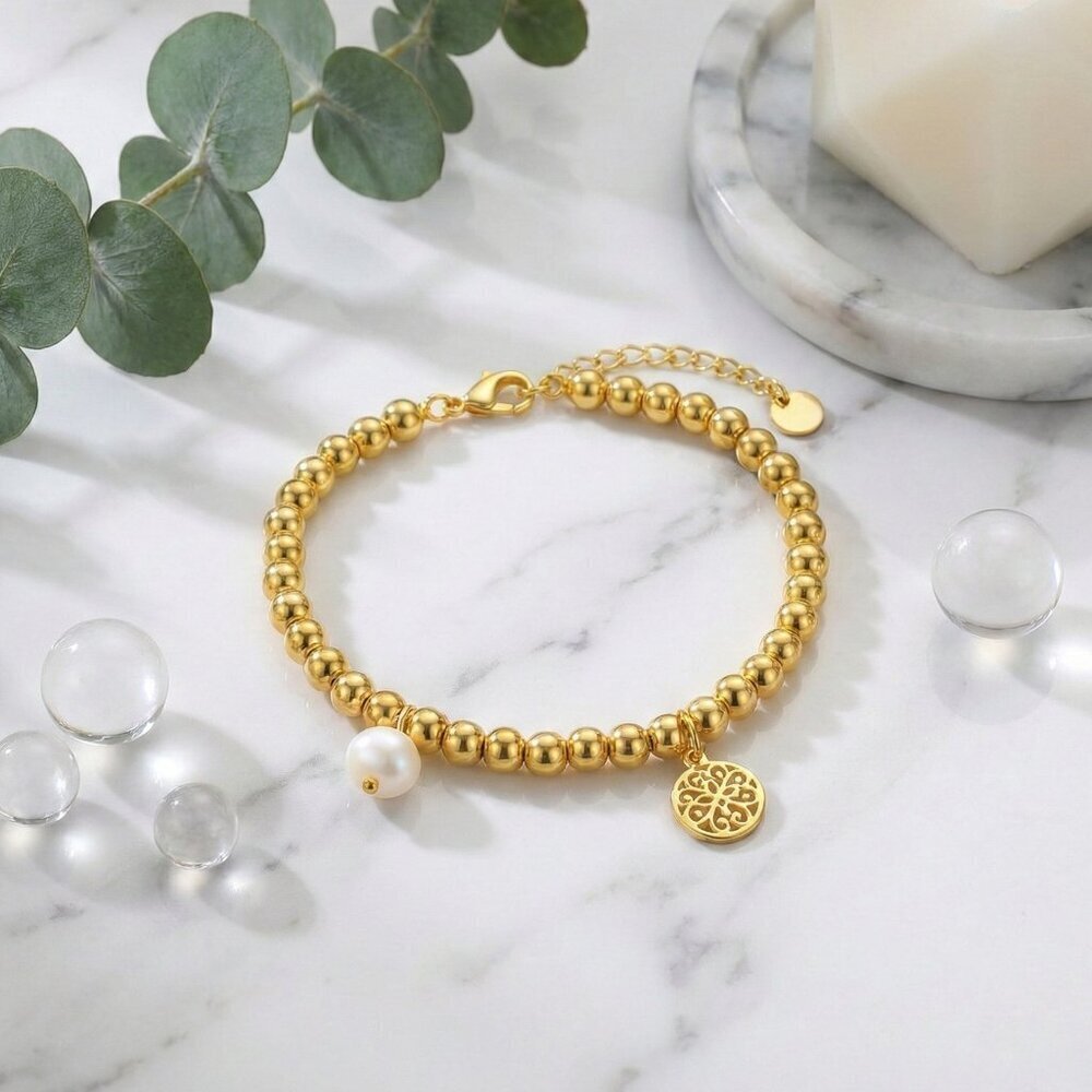 18K Gold Plated Steel Beaded Bracelet Filigree Mandala Pearl Charm Boho Gift